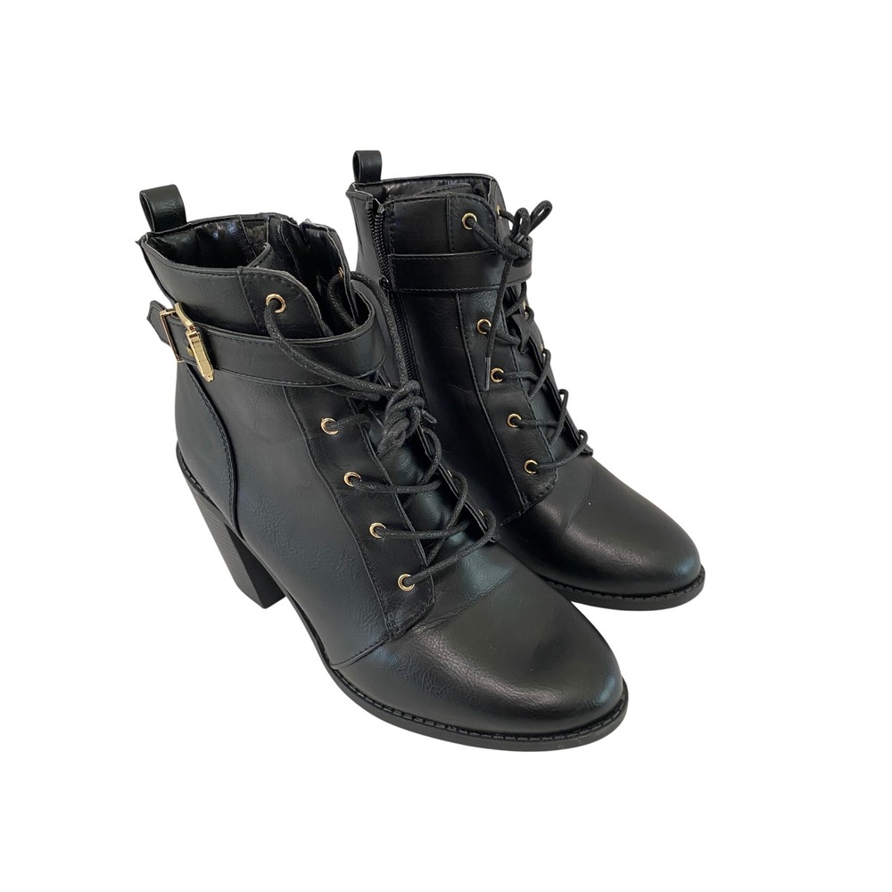 Dilly Lace Up Ankle Boots Womens 10 Black Side Zip Block Heel Buckle